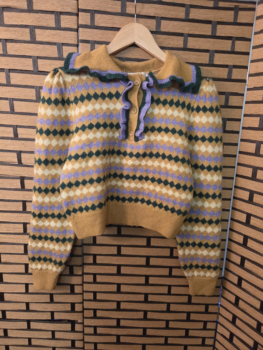 Mango Mustard Argyle Ruffle-Collar Sweater with Purple & Green Accents